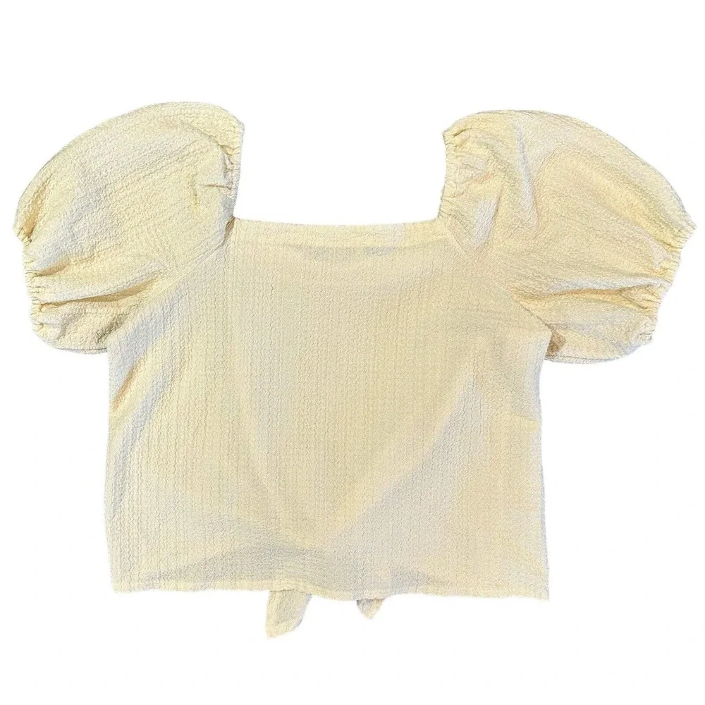 LOFT Women’s Square Neck Tie Front Soft Yellow Blouse Puff Sleeve Top Size M